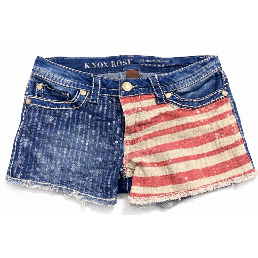 Knox Rose Mid Rise Denim Shorts American Flag Sequin Festival‎ Size 6 Boho